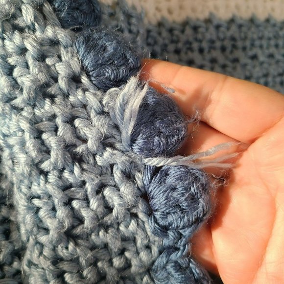 Handmade Knit Throw Blanket 110" x 48" Blue White Striped Scallop Edge - Picture 4 of 5